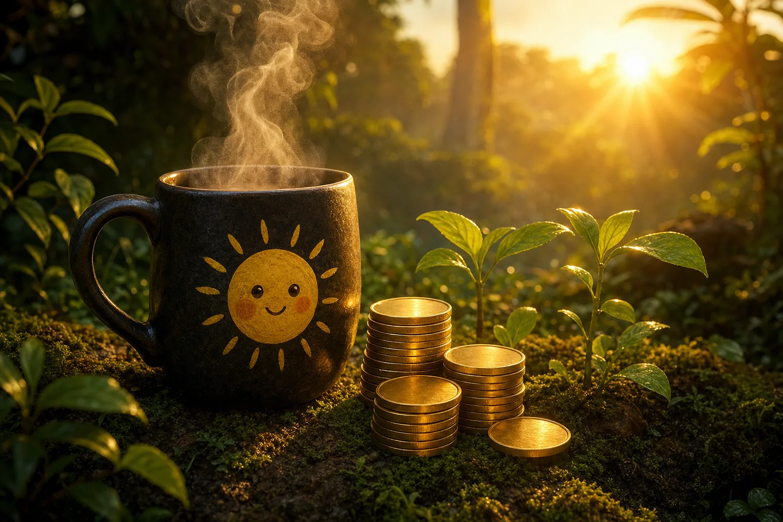 A dark mug with a smiling sun painted on it next to small stacks of plain gold coins and green seedlings in morning light