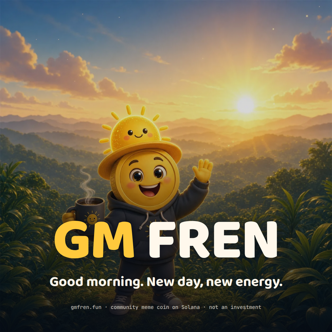 Square GM FREN graphic with the mascot waving at sunrise