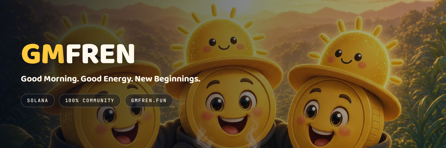 X header banner with the GMFREN wordmark and three mascots toasting with coffee